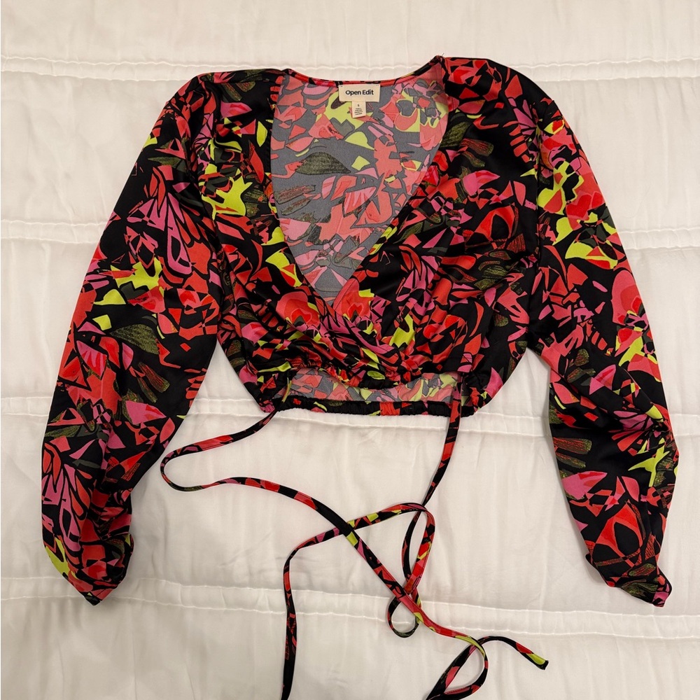 Open Edit Women's Vibrant Floral Wrap Blouse - Red and Green